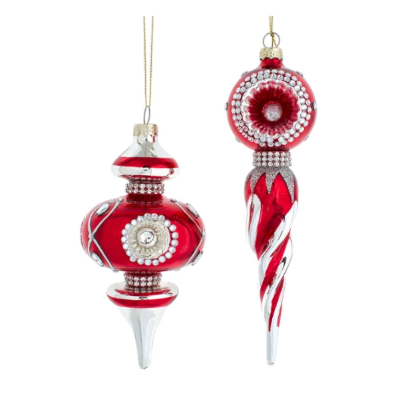 6.5-8.5" Glass Finial Ornaments, Set of 2 in Red & Silver - Elegant Christmas Tree Decorations